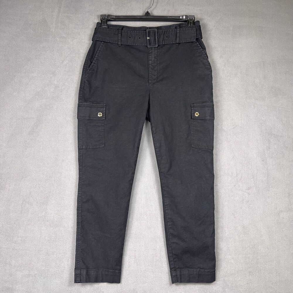 WHBM Black Linen Cargo Crop Pants Size 8 High Mid Rise Belted Utility